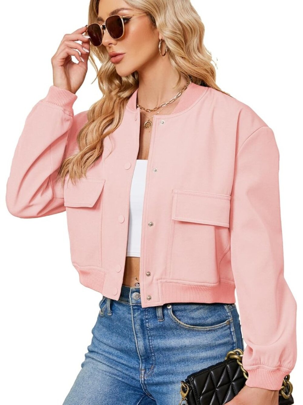 Women's Pink Stylish Short Trendy Casual Lightweight Side Pockets Bomber Jackets